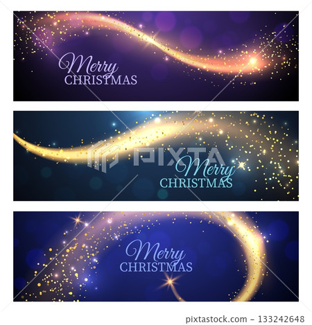 Merry christmas magic banners. Horizontal poster design, realistic fairy magic stardust with glitter, realistic gold comet with light tail and shimmer, curve form sparkles. Vector set 133242648