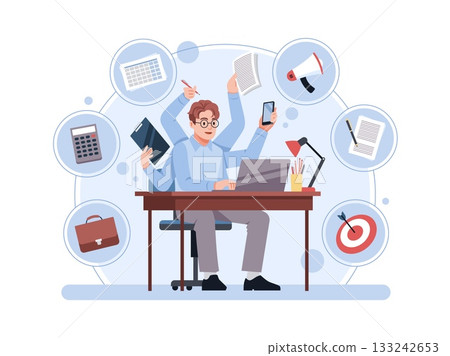Multitasking businessman character. Active office worker with many hands, simultaneous tasks execution, man sitting at desk, effective work, cartoon flat isolated tidy vector concept Multitasking businessman character. Active office worker with many hands, simultaneous tasks execution, man sitting at desk, effective work, cartoon flat isolated tidy vector concept 133242653