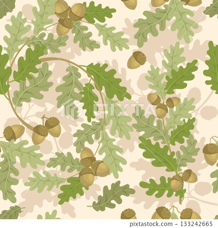 Oak branches seamless pattern. Elegant botanical elements, leaves and acorns, repeated decorative plants. Decor textile, wrapping paper, wallpaper. Print for fabric splendid vector background Oak branches seamless pattern. Elegant botanical elements, leaves and acorns, repeated decorative plants. Decor textile, wrapping paper, wallpaper. Print for fabric splendid vector background 133242665