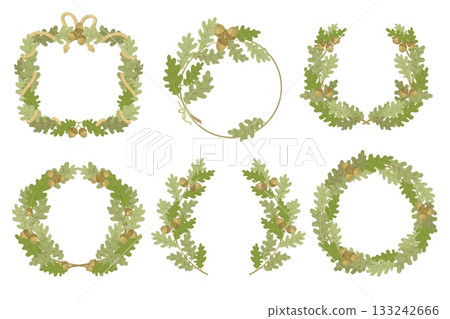 Oak branches wreaths. Decorative botanical frames with green leaves, acorns, different shapes, intertwining tree sprigs, botanical design elements, organic splendid vector isolated set Oak branches wreaths. Decorative botanical frames with green leaves, acorns, different shapes, intertwining tree sprigs, botanical design elements, organic splendid vector isolated set 133242666