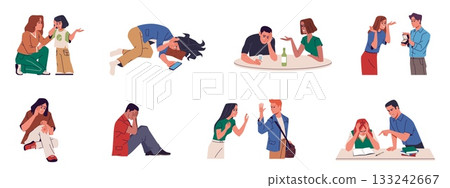 People crying. Men and women in tears, stress and depression, joy strong emotion, sad frustrated and happy consoling empathic characters, mental health nowaday vector cartoon isolated set People crying. Men and women in tears, stress and depression, joy strong emotion, sad frustrated and happy consoling empathic characters, mental health nowaday vector cartoon isolated set 133242667