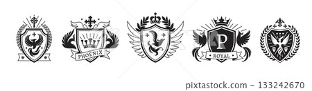 Phoenix royal shield emblems. Heraldic mythical birds elements, vintage logo design, rebirth symbol, heirlooms templates, protect or privacy sign, black silhouettes tidy vector isolated set 133242670