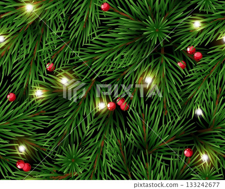 Realistic christmas sprigs seamless pattern. Xmas tree with red berries and lights. Coniferous forest branches. Textile, wrapping paper, wallpaper. Print for fabric. Vector decorative background Realistic christmas sprigs seamless pattern. Xmas tree with red berries and lights. Coniferous forest branches. Textile, wrapping paper, wallpaper. Print for fabric. Vector decorative background 133242677