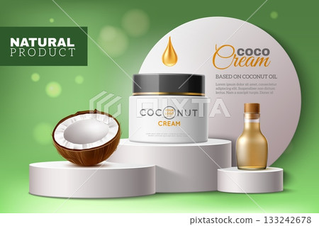 Realistic coconut cream poster. Platform with realistic cream container and oil in bottle. Nut and jar on white podium. Promotional banner. Face and body care advertising vector 3d concept Realistic coconut cream poster. Platform with realistic cream container and oil in bottle. Nut and jar on white podium. Promotional banner. Face and body care advertising vector 3d concept 133242678