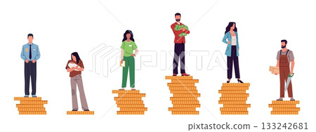 Salary gap. Different incomes people stand on gold coins stacks, rich and poor, social hierarchy, financial well being, manager and employee worker, cartoon isolated nowaday vector set Salary gap. Different incomes people stand on gold coins stacks, rich and poor, social hierarchy, financial well being, manager and employee worker, cartoon isolated nowaday vector set 133242681