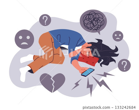 Woman is crying. Depressed character lying on floor in tears, frustration, life problems, negative emotions, sadness and loneliness, mental health disorder nowaday vector cartoon flat concept 133242684