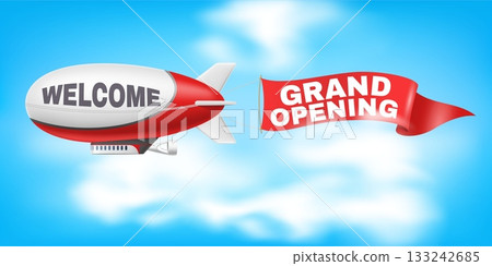 Zeppelin with advertising banner in sky. Grand opening. Realistic dirigible with red flag in sky. Shopping sale and discount. Promotional vintage transport. Isolated airship vector concept 133242685