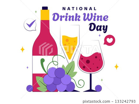National Drink Wine Day Vector Illustration on February 18 Featuring a Glass of Grapes and a Bottle in a Flat Cartoon Background Design 133242793
