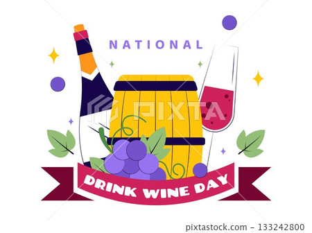 National Drink Wine Day Vector Illustration on February 18 Featuring a Glass of Grapes and a Bottle in a Flat Cartoon Background Design 133242800