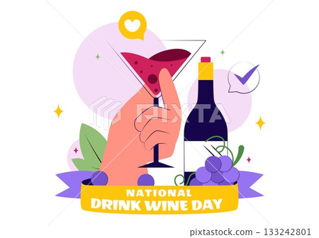 National Drink Wine Day Vector Illustration on February 18 Featuring a Glass of Grapes and a Bottle in a Flat Cartoon Background Design 133242801