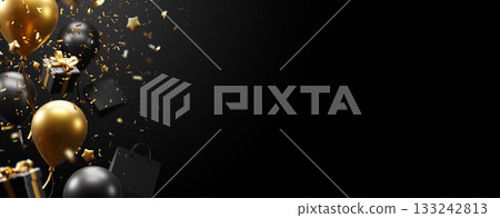 Black friday banner sale design of balloons and gift box with confetti on black background 3D render Black friday banner sale design of balloons and gift box with confetti on black background 3D render 133242813