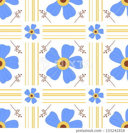Cheerful Blue Flower and Yellow Stripe Seamless Pattern background 133242816