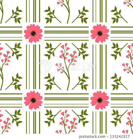 Vibrant Pink Flower and Green Botanical Seamless Pattern 133242817