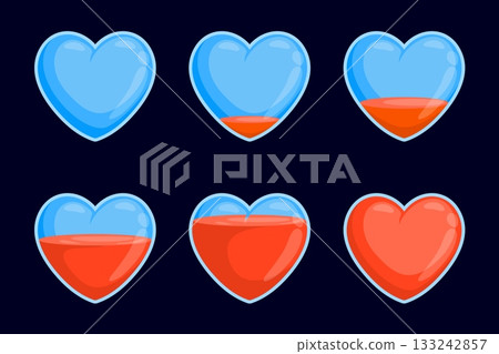 Heart fill progress. Cartoon glass transparent heart loading bar animation, love meter game ui life fuel sequence empty full load volume customer feeling, kicky vector illustration 133242857