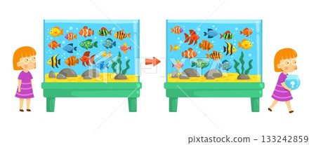 Aquarium game. Tropical underwater fish find difference puzzle gaming, cartoon children education girl with fishbowl childish logic games summer school, kicky vector illustration Aquarium game. Tropical underwater fish find difference puzzle gaming, cartoon children education girl with fishbowl childish logic games summer school, kicky vector illustration 133242859