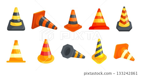 Cartoon traffic cones. Road orange cone, car accident safety sign roadway construction maintenance work street obstacle caution signal plastic funnel, set kicky vector illustration 133242861