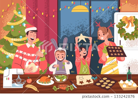 Family christmas cooking. Parents with kids cook food on kitchen table festive dinner, winter holiday meal baking cookies mom dad kids in santa hat, classy vector illustration 133242876