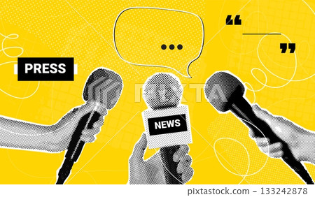 Interview collage. Journalist hand hold mic, press tv presenter radio podcast talk show news media journalism microphone halftone newspaper retro pop art, exact vector illustration 133242878