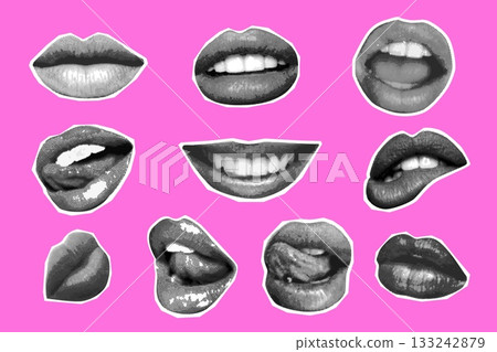 Mouths halftone collage. Woman mouth sexy lips with tongue teeth, girl lip kiss piercing smile or loud gossip concept retro pop art trendy cutout paper, exact vector illustration 133242879