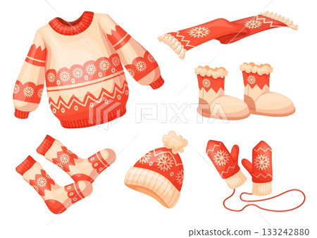Cartoon christmas clothes. Winter cloth outfit, xmas holiday garment red hat scarf mitten santa cap accessory warm children apparel kids wear december set neat vector illustration Cartoon christmas clothes. Winter cloth outfit, xmas holiday garment red hat scarf mitten santa cap accessory warm children apparel kids wear december set neat vector illustration 133242880