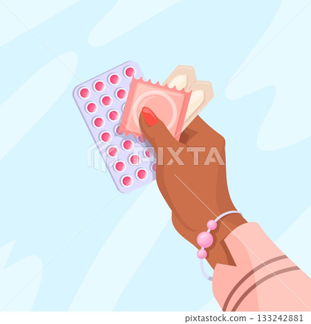 Hand hold contraceptives. Woman hands holding condom birth control pills, safe sex world contraception day precaution pregnancy prevention hiv protect, neat vector illustration Hand hold contraceptives. Woman hands holding condom birth control pills, safe sex world contraception day precaution pregnancy prevention hiv protect, neat vector illustration 133242881