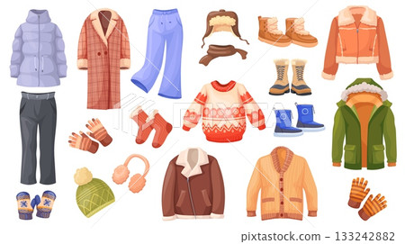Cartoon winter clothes. Fashion warm outfit, cold autumn season wardrobe coats modern casual jacket sweater scarf hat cap shoes outdoor wear garment set, neat vector illustration Cartoon winter clothes. Fashion warm outfit, cold autumn season wardrobe coats modern casual jacket sweater scarf hat cap shoes outdoor wear garment set, neat vector illustration 133242882