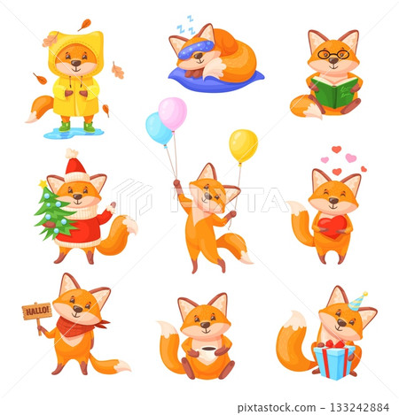 Red fox characters. Cartoon cute foxes mascots, funny foxy baby animal walking play autumn forest standing pose fluffy tail emotion face character sticker neat vector illustration 133242884