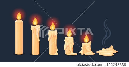 Candle wax stages. Burning candles animation steps, burn wick fire flame melting wax different stage 2d game sprite sheet magic christmas light candlelight neat vector illustration Candle wax stages. Burning candles animation steps, burn wick fire flame melting wax different stage 2d game sprite sheet magic christmas light candlelight neat vector illustration 133242888