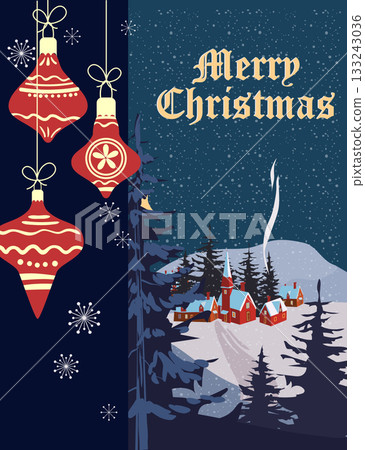 Retro Merry Christmas greeting card, background. Christmas balls, winter village 133243036