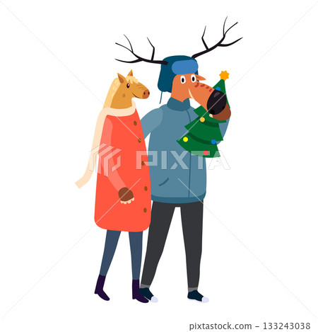 Couple quadrober wearing animal horse and deer mask 133243038