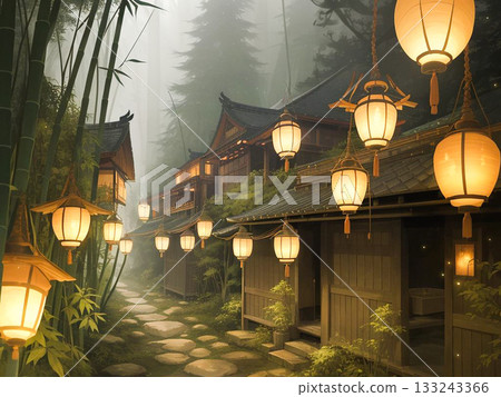 The background of a fantastical Japanese hidden village nestled quietly in a bamboo forest 133243366