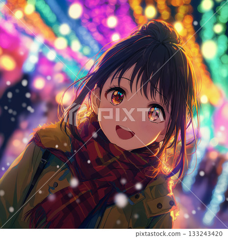 A girl in winter clothes smiling among colorful illuminations 133243420