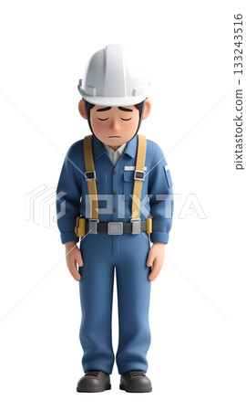 施工中標誌插圖，一名男性建築工人鞠躬道歉，全身正面照。 133243516