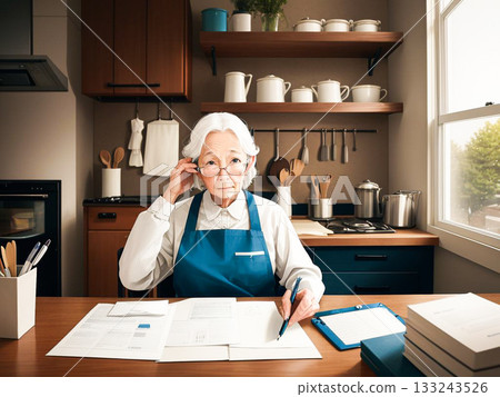 Grandma seriously writing a household account book in the kitchen 133243526