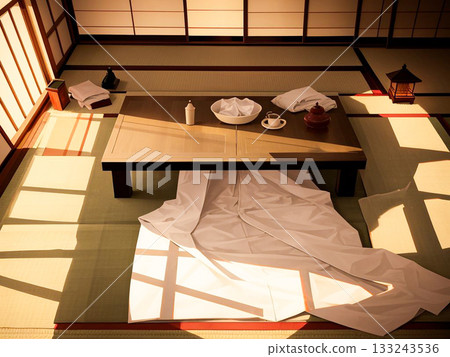 A Japanese-style living room and low table with warm sunlight streaming in A Japanese-style living room and low table with warm sunlight streaming in 133243536