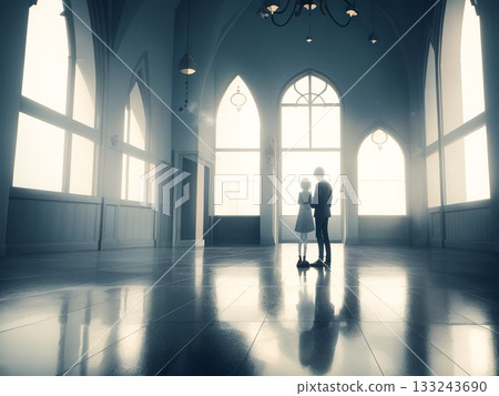 一男一女面對面站在一扇大窗戶前。 133243690