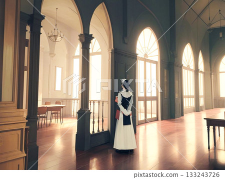 一位女僕獨自站在西式建築燈火通明的走廊裡,背影依稀可見。 一位女僕獨自站在西式建築燈火通明的走廊裡,背影依稀可見。 133243726