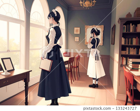 Two maids showing their backs in a room with bright light coming through the window 133243727