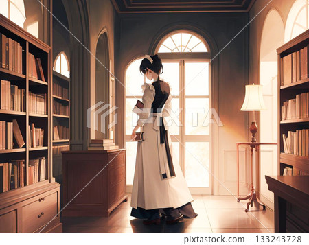A maid stands beside a bookshelf in a well-lit study 133243728