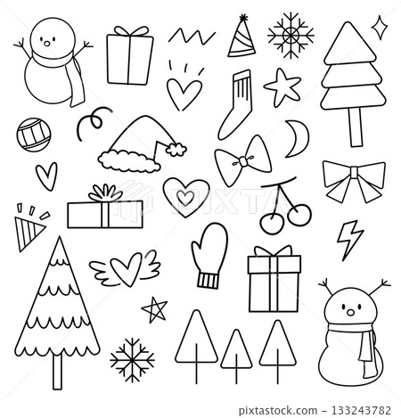 Christmas set doodle with black line for element, illustration, festival and coloring. Winter season Christmas set doodle with black line for element, illustration, festival and coloring. Winter season 133243782