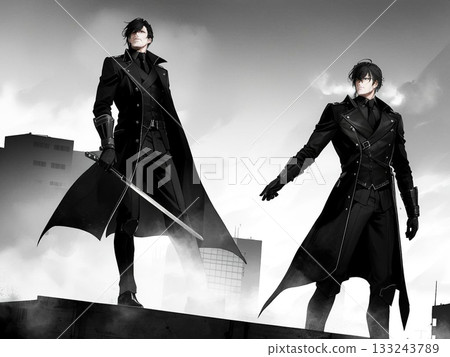 Two warriors in black stand with swords in hand, determined in a monochrome world. 133243789