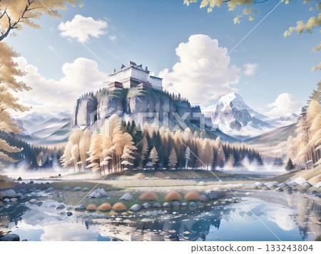 An old castle towering over a lake and yellow autumn forest 133243804