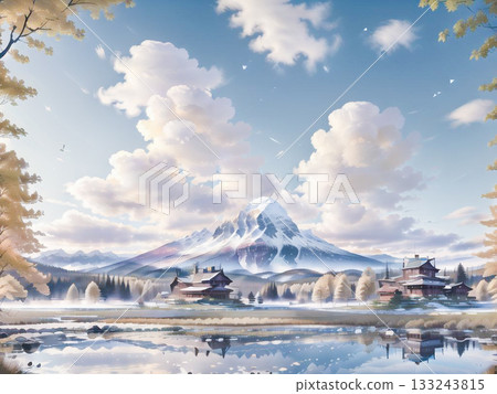 前景中雄偉的富士山白雪皚皚，倒映在水中。 133243815