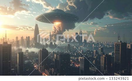 A large city under attack by a UFO (AI-generated image) A large city under attack by a UFO (AI-generated image) 133243921