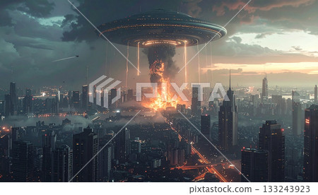 A large city under attack by a UFO (AI-generated image) A large city under attack by a UFO (AI-generated image) 133243923