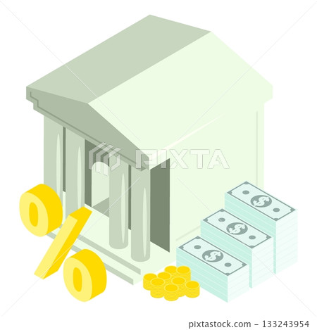 Isometric bank borrowing money for business development at interest. Isolated cartoon vector on white background top view Isometric bank borrowing money for business development at interest. Isolated cartoon vector on white background top view 133243954