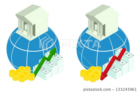 Isometric world bank at top of global financial system, surrounded by rising and falling money supply. Isolated cartoon vector on white background top view Isometric world bank at top of global financial system, surrounded by rising and falling money supply. Isolated cartoon vector on white background top view 133243961