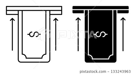 Linear icon. Dollar bill is accepted into a bill acceptor at a street ATM. Simple vector isolated on white background Linear icon. Dollar bill is accepted into a bill acceptor at a street ATM. Simple vector isolated on white background 133243963