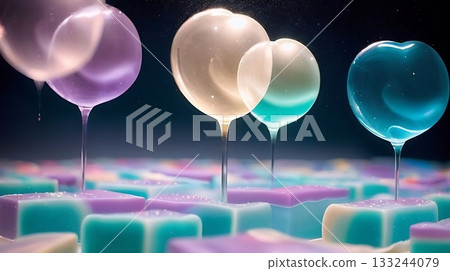 Illustration of a fantastic balloon structure extending from a pastel cube 133244079