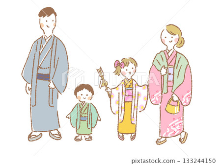 Illustration of a family of four in kimono going to visit a shrine for the first time in the new year Illustration of a family of four in kimono going to visit a shrine for the first time in the new year 133244150